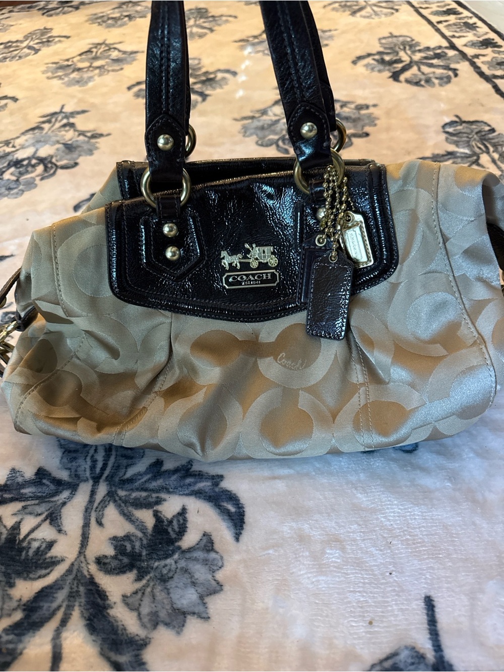 Coach Beige Signature Canvas Shoulder Bag with Dark Brown Leather Trim